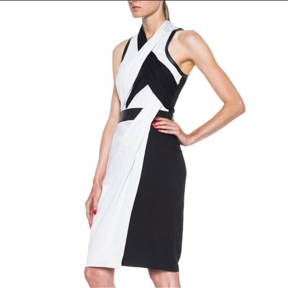 HELMUT LANG  TWISTED DRAPE GRAINED VISCOSE LEATHER TRIM DRESS Black + White SZ 0 - Picture 13 of 16